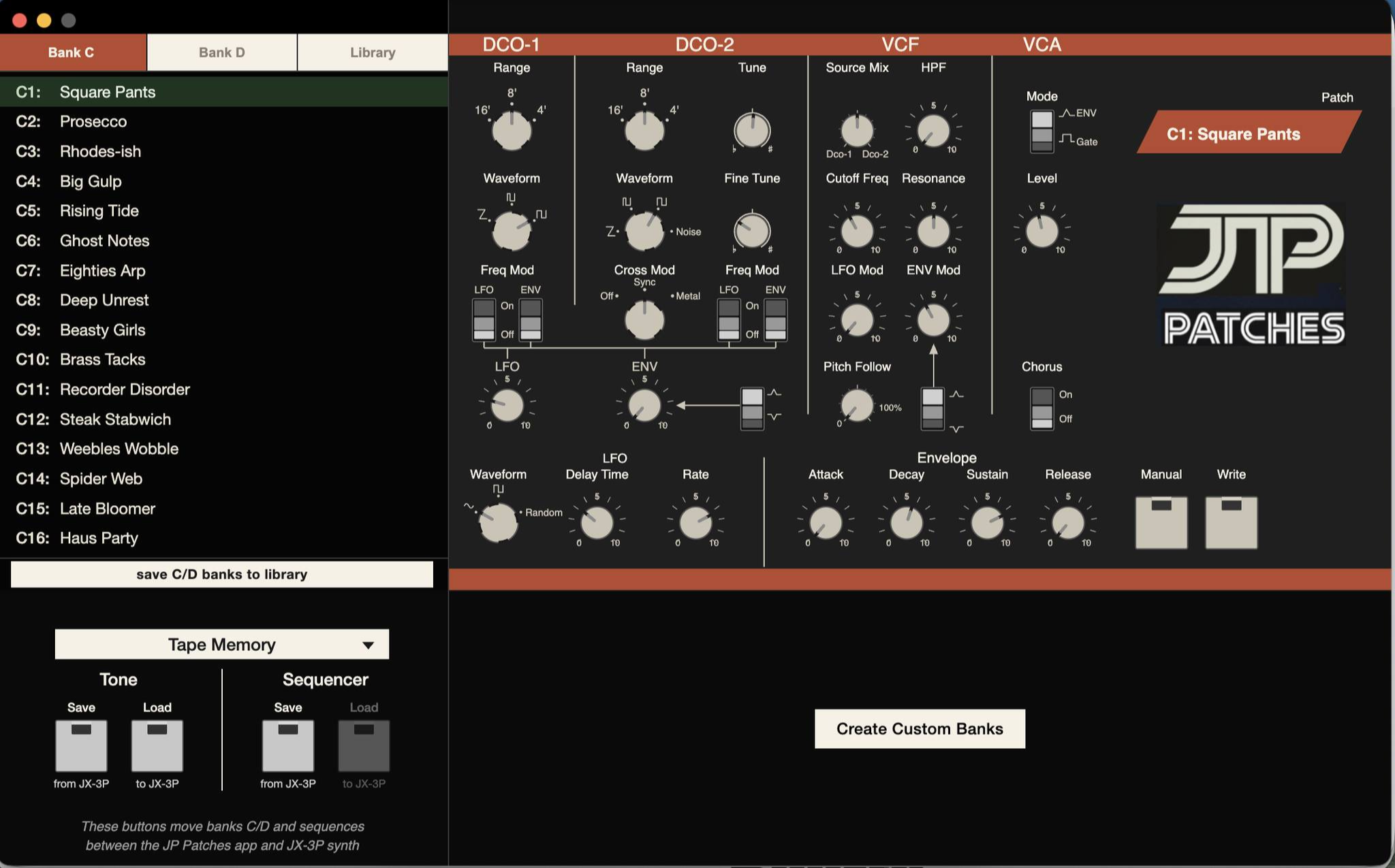 JP Patches main panel — PG-200 style knobs and switches on the right, active C/D patch list on the left, Tape Memory controls below